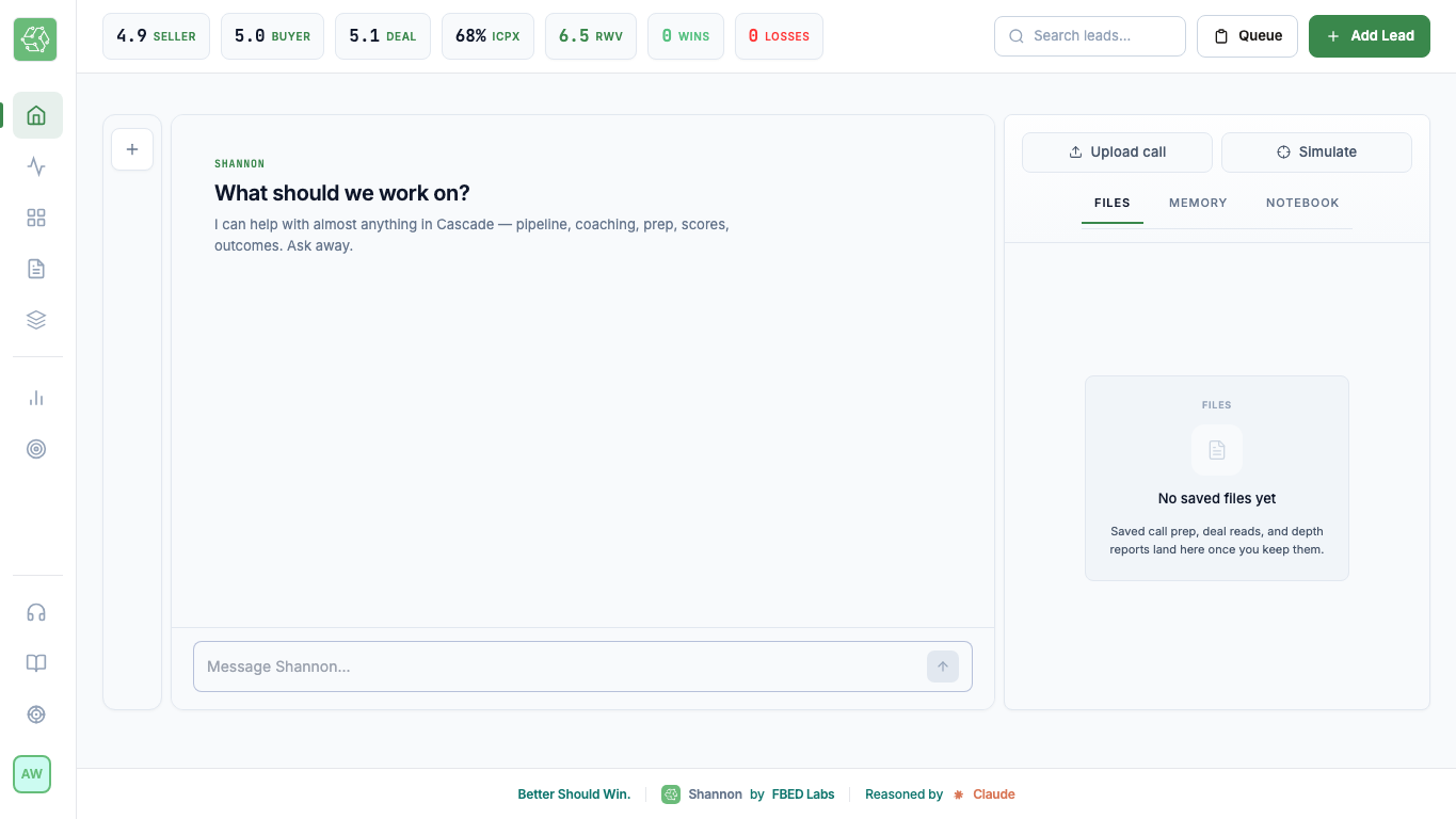 CASCADE Shannon workspace with upload, simulation, files, memory, and notebook controls